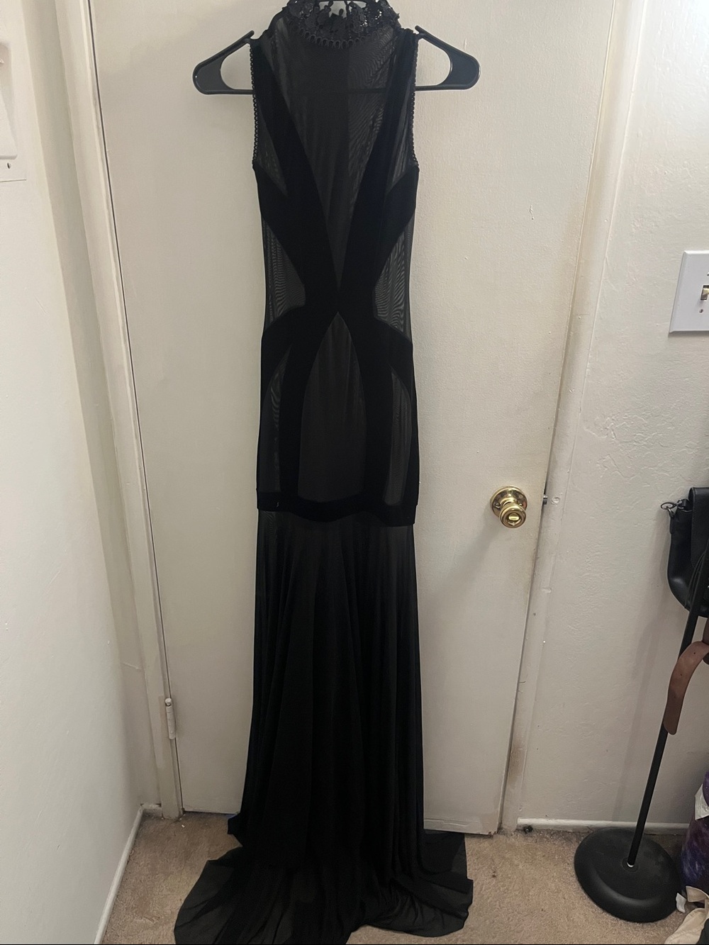 Allure Black Sheer Mesh & Velvet Maxi Gown